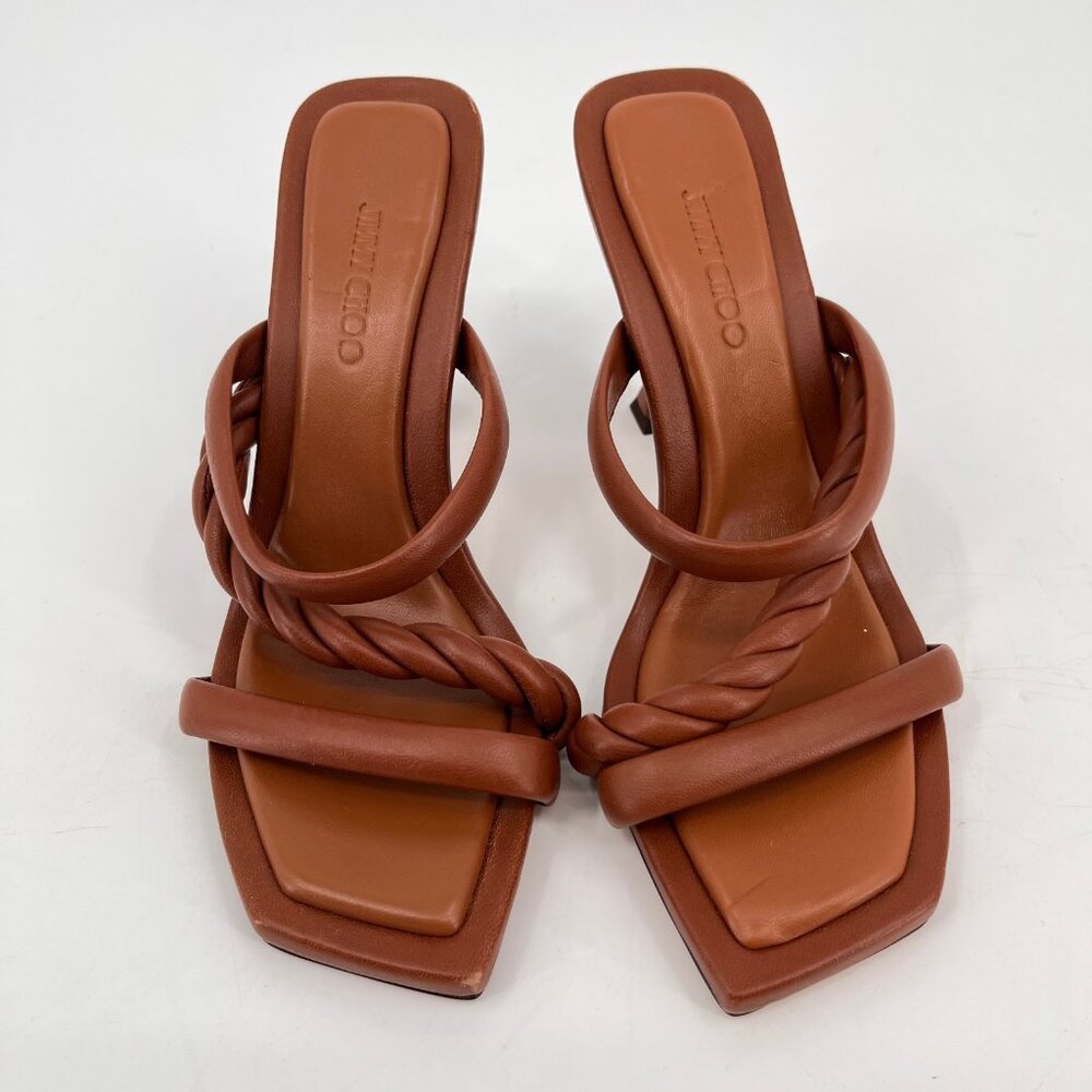 Jimmy Choo Brown Leather Braided Strap Heeled Sandals - Picture 2 of 16
